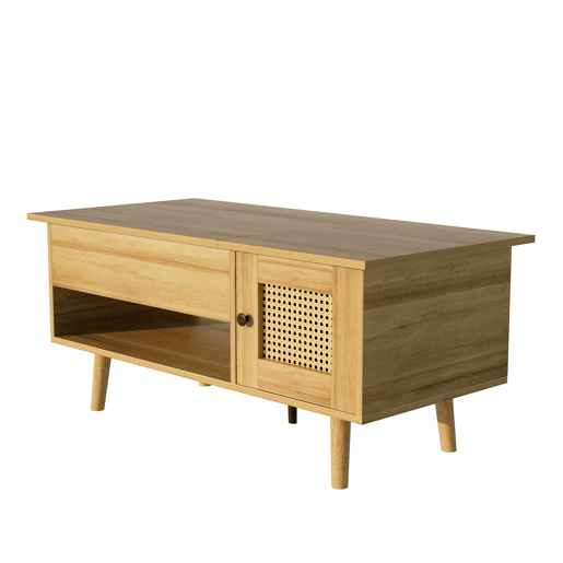 Mesa de centro elegante - Superfície elevável, portas em rattan, cor madeira com detalhes em preto - Ideal para sala de estar