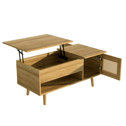 Mesa de centro elegante - Superfície elevável, portas em rattan, cor madeira com detalhes em preto - Ideal para sala de estar