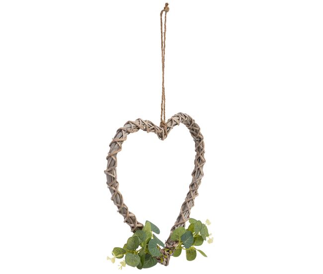 Corazón decoración de mimbre con flores para colgar 30x30x3h cm