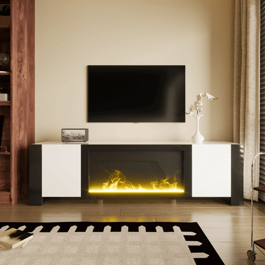 Móvel de TV com lareira elétrica - Efeito de chama, sem função de aquecimento, Alto brilho - Branco+Preto