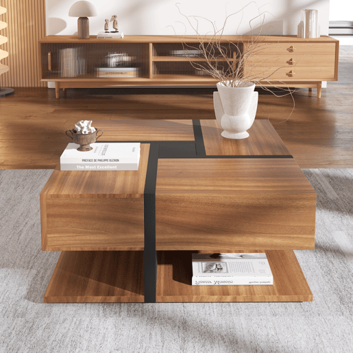 Mesa de centro 78x78x36 cm - 4 gavetas, design de linhas e cor única, arrumação inferior - Natural