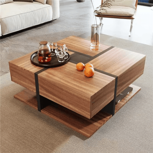Mesa de centro 78x78x36 cm - 4 gavetas, design de linhas e cor única, arrumação inferior - Natural