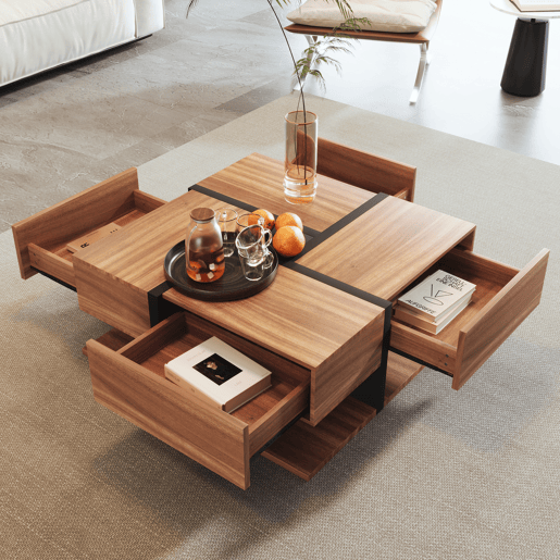Mesa de centro 78x78x36 cm - 4 gavetas, design de linhas e cor única, arrumação inferior - Natural