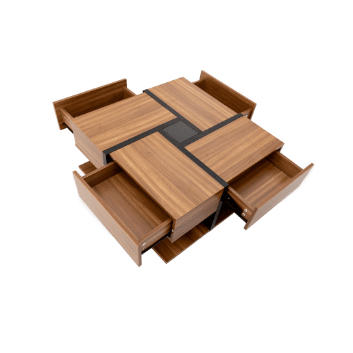 Mesa de centro 78x78x36 cm - 4 gavetas, design de linhas e cor única, arrumação inferior - Natural