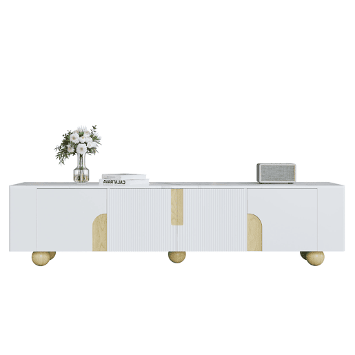 Móvel de TV 180 cm - 4 portas, design elegante, superfície com efeito mármore, pés esféricos de madeira - Branco, Madeira