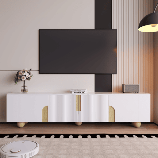 Móvel de TV 180 cm - 4 portas, design elegante, superfície com efeito mármore, pés esféricos de madeira - Branco, Madeira