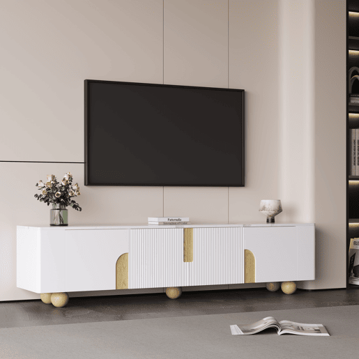 Móvel de TV 180 cm - 4 portas, design elegante, superfície com efeito mármore, pés esféricos de madeira - Branco, Madeira