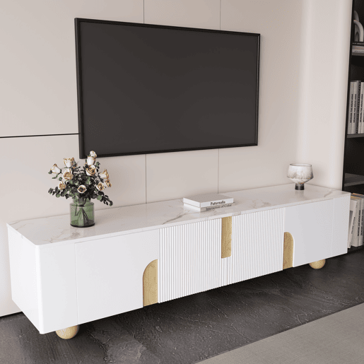 Móvel de TV 180 cm - 4 portas, design elegante, superfície com efeito mármore, pés esféricos de madeira - Branco, Madeira