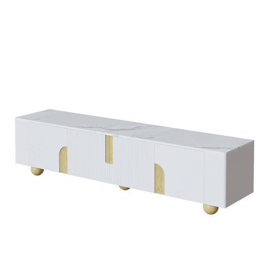 Móvel de TV 180 cm - 4 portas, design elegante, superfície com efeito mármore, pés esféricos de madeira - Branco, Madeira