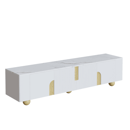 Móvel de TV 180 cm - 4 portas, design elegante, superfície com efeito mármore, pés esféricos de madeira - Branco, Madeira