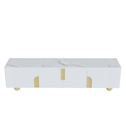 Móvel de TV 180 cm - 4 portas, design elegante, superfície com efeito mármore, pés esféricos de madeira - Branco, Madeira