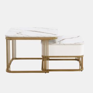 Mesa de centro empilhável - Conjunto de 2 peças - Efeito mármore brilhante, detalhes dourados, com gavetas - Branco
