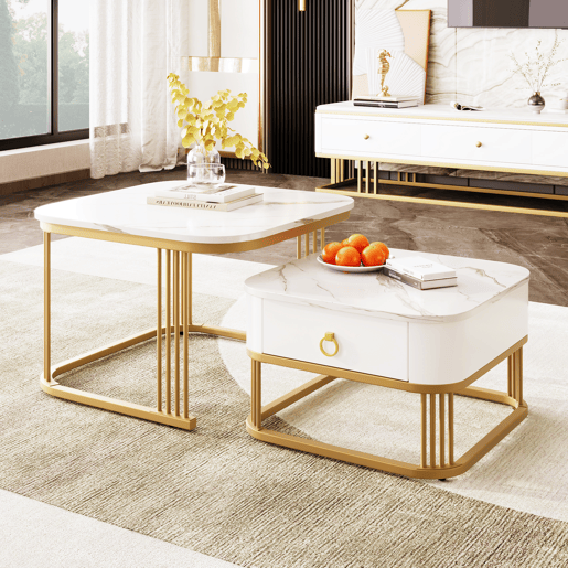 Mesa de centro empilhável - Conjunto de 2 peças - Efeito mármore brilhante, detalhes dourados, com gavetas - Branco