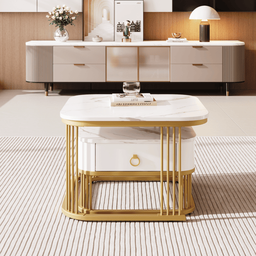 Mesa de centro empilhável - Conjunto de 2 peças - Efeito mármore brilhante, detalhes dourados, com gavetas - Branco