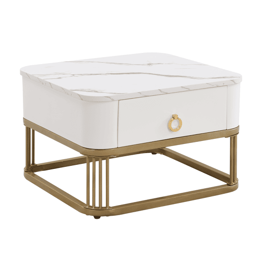 Mesa de centro empilhável - Conjunto de 2 peças - Efeito mármore brilhante, detalhes dourados, com gavetas - Branco