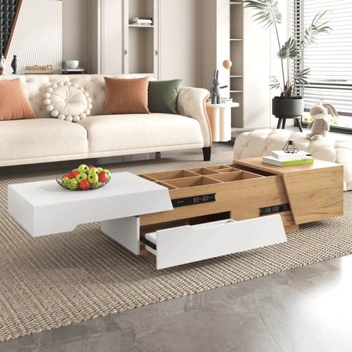 Mesa de centro extensível - Mesa de sala com gavetas - Mesa auxiliar com estrutura em blocos coloridos - Natural, Branco