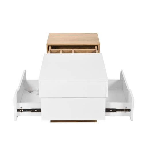 Mesa de centro extensível - Mesa de sala com gavetas - Mesa auxiliar com estrutura em blocos coloridos - Natural, Branco