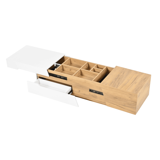 Mesa de centro extensível - Mesa de sala com gavetas - Mesa auxiliar com estrutura em blocos coloridos - Natural, Branco