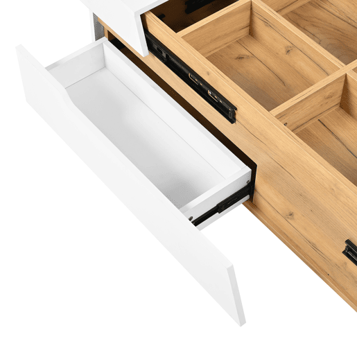 Mesa de centro extensível - Mesa de sala com gavetas - Mesa auxiliar com estrutura em blocos coloridos - Natural, Branco