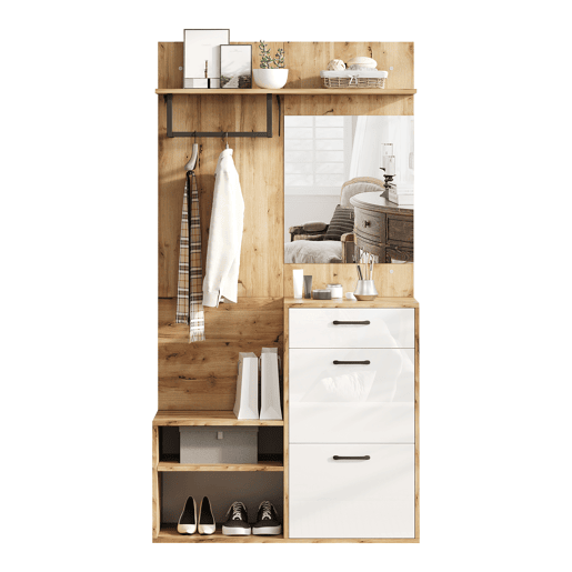 Conjunto de guarda-roupa 100x38,5x190 cm - com espelho, sapateira, armário de entrada, prateleira suspensa, 1 gaveta e 2 armários, muito espaço de arrumação - Branco + Madeira Original