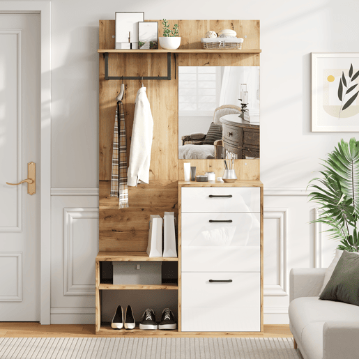 Conjunto de guarda-roupa 100x38,5x190 cm - com espelho, sapateira, armário de entrada, prateleira suspensa, 1 gaveta e 2 armários, muito espaço de arrumação - Branco + Madeira Original