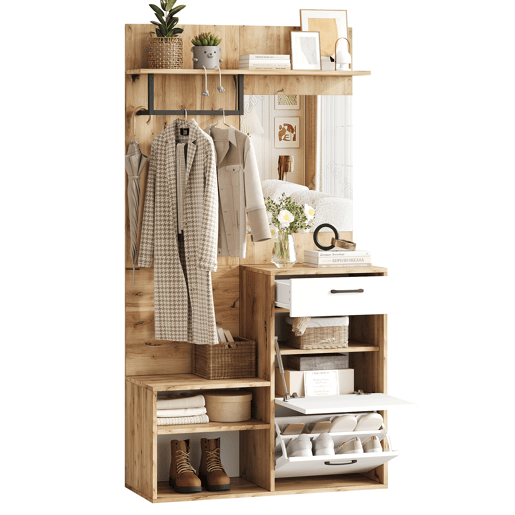 Conjunto de guarda-roupa 100x38,5x190 cm - com espelho, sapateira, armário de entrada, prateleira suspensa, 1 gaveta e 2 armários, muito espaço de arrumação - Branco + Madeira Original