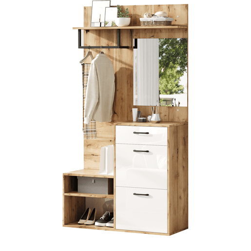 Conjunto de guarda-roupa 100x38,5x190 cm - com espelho, sapateira, armário de entrada, prateleira suspensa, 1 gaveta e 2 armários, muito espaço de arrumação - Branco + Madeira Original