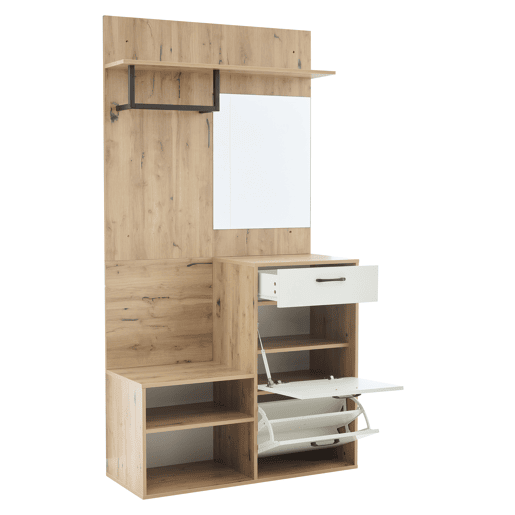Conjunto de guarda-roupa 100x38,5x190 cm - com espelho, sapateira, armário de entrada, prateleira suspensa, 1 gaveta e 2 armários, muito espaço de arrumação - Branco + Madeira Original