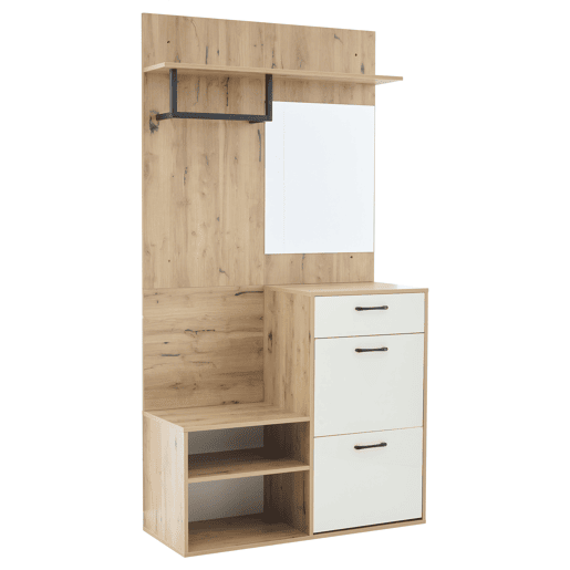 Conjunto de guarda-roupa 100x38,5x190 cm - com espelho, sapateira, armário de entrada, prateleira suspensa, 1 gaveta e 2 armários, muito espaço de arrumação - Branco + Madeira Original