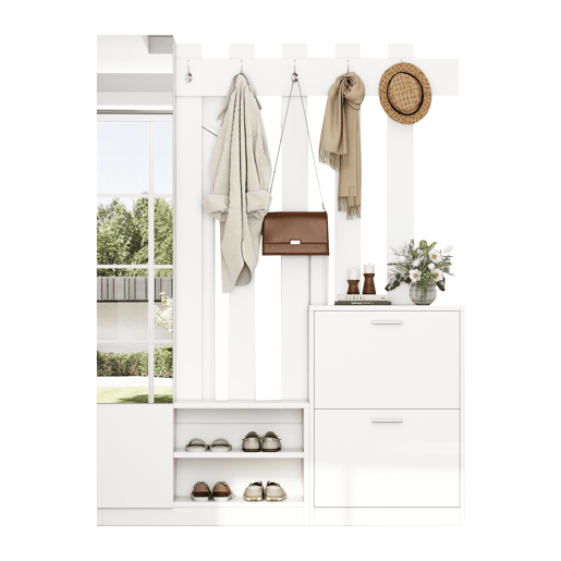 Conjunto de guarda-roupa 135x25x180 cm - com espelho, armário de corredor, prateleira suspensa, com 2 portas basculantes para sapatos + 2 armários de arrumação - Branco