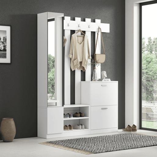 Conjunto de guarda-roupa 135x25x180 cm - com espelho, armário de corredor, prateleira suspensa, com 2 portas basculantes para sapatos + 2 armários de arrumação - Branco