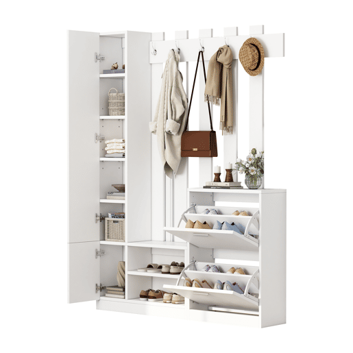 Conjunto de guarda-roupa 135x25x180 cm - com espelho, armário de corredor, prateleira suspensa, com 2 portas basculantes para sapatos + 2 armários de arrumação - Branco