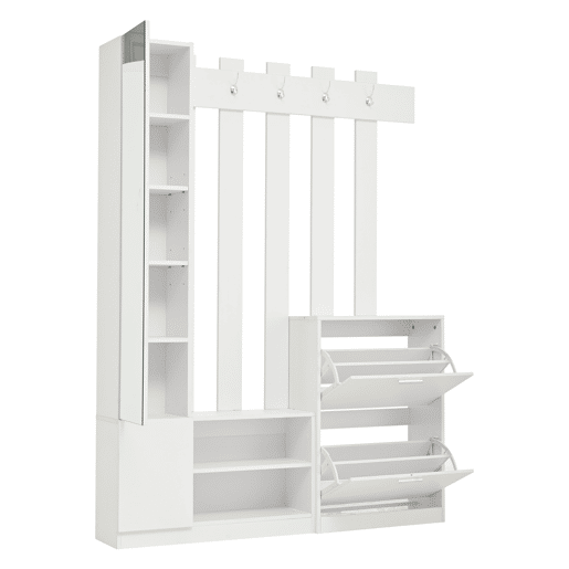 Conjunto de guarda-roupa 135x25x180 cm - com espelho, armário de corredor, prateleira suspensa, com 2 portas basculantes para sapatos + 2 armários de arrumação - Branco