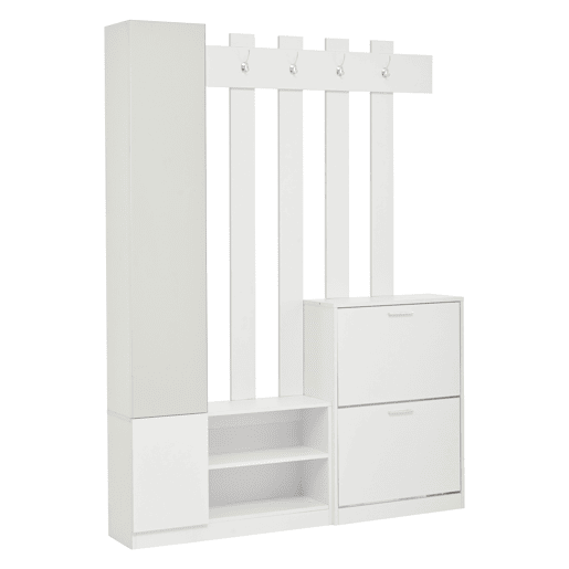 Conjunto de guarda-roupa 135x25x180 cm - com espelho, armário de corredor, prateleira suspensa, com 2 portas basculantes para sapatos + 2 armários de arrumação - Branco