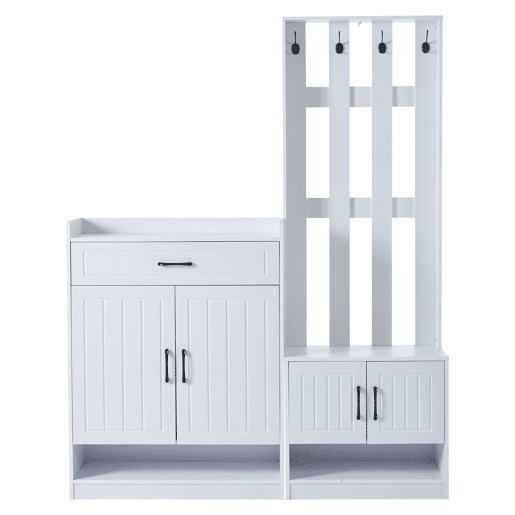Conjunto de hall de entrada branco 140,6 x 32 x 180 cm - Painel de entrada + Sapateiras, Mate, Móveis de entrada, Cabideiro para corredor, Conjunto de sapateira