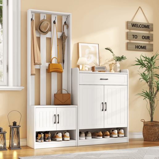Conjunto de hall de entrada branco 140,6 x 32 x 180 cm - Painel de entrada + Sapateiras, Mate, Móveis de entrada, Cabideiro para corredor, Conjunto de sapateira