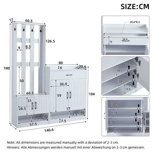 Conjunto de hall de entrada branco 140,6 x 32 x 180 cm - Painel de entrada + Sapateiras, Mate, Móveis de entrada, Cabideiro para corredor, Conjunto de sapateira