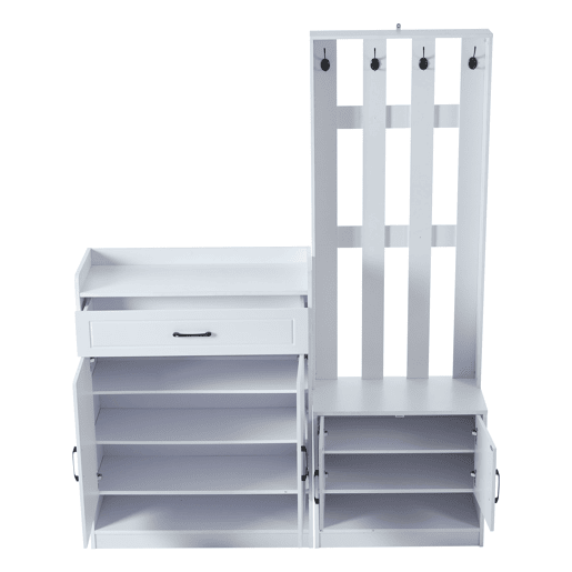 Conjunto de hall de entrada branco 140,6 x 32 x 180 cm - Painel de entrada + Sapateiras, Mate, Móveis de entrada, Cabideiro para corredor, Conjunto de sapateira