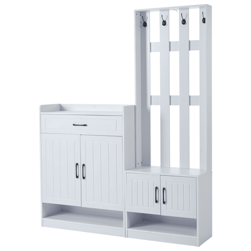 Conjunto de hall de entrada branco 140,6 x 32 x 180 cm - Painel de entrada + Sapateiras, Mate, Móveis de entrada, Cabideiro para corredor, Conjunto de sapateira
