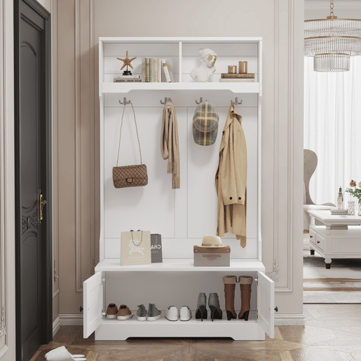 Armário de entrada - Arrumação na parte inferior do assento, 4 ganchos para pendurar e 2 compartimentos abertos - Cor branca