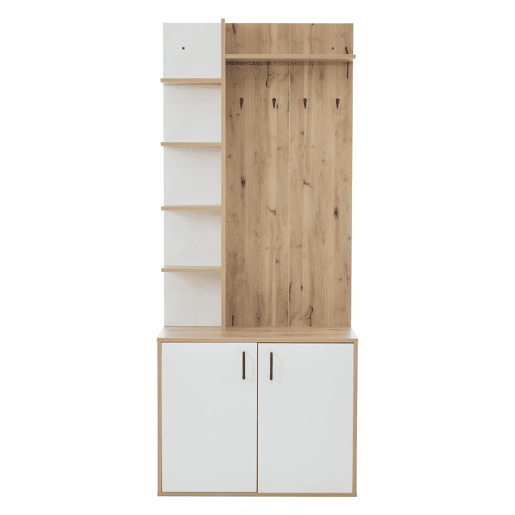 Cabideiro 75x33x180 cm - Com armário, arrumação para sapatos, com cabides, 5 compartimentos de arrumação, cor madeira original + branco