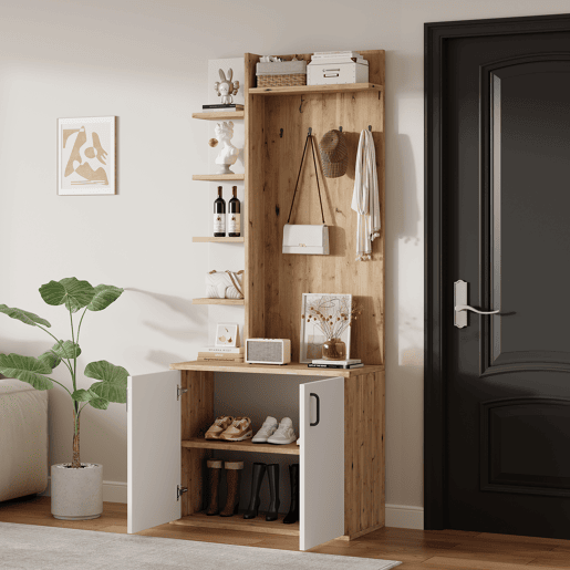 Cabideiro 75x33x180 cm - Com armário, arrumação para sapatos, com cabides, 5 compartimentos de arrumação, cor madeira original + branco