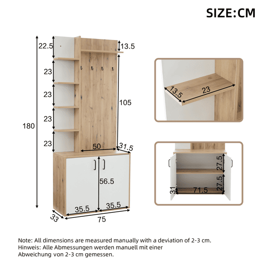 Cabideiro 75x33x180 cm - Com armário, arrumação para sapatos, com cabides, 5 compartimentos de arrumação, cor madeira original + branco