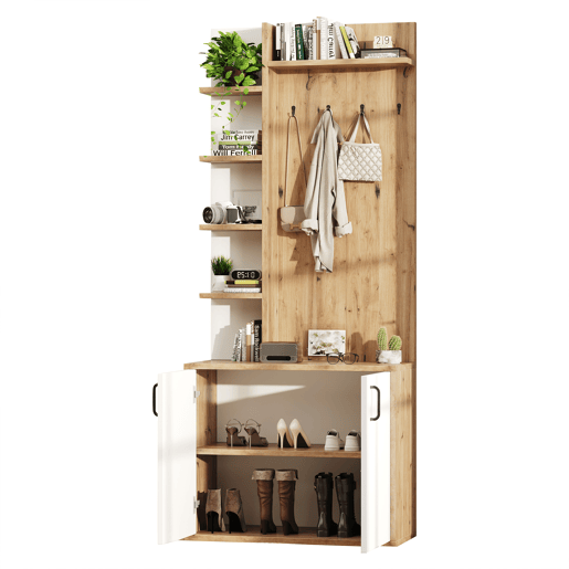 Cabideiro 75x33x180 cm - Com armário, arrumação para sapatos, com cabides, 5 compartimentos de arrumação, cor madeira original + branco