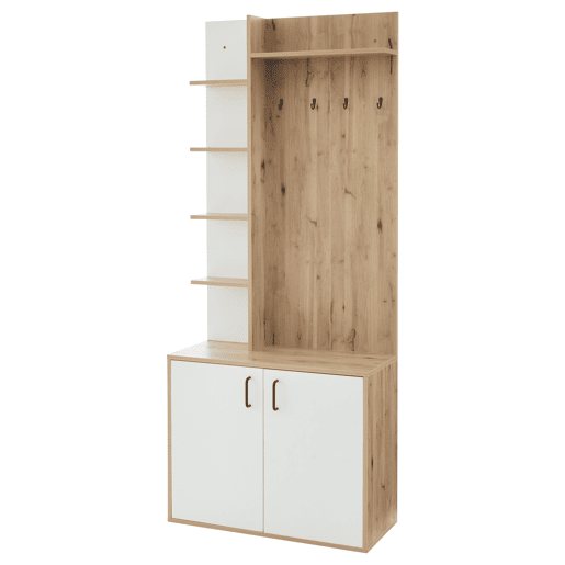 Cabideiro 75x33x180 cm - Com armário, arrumação para sapatos, com cabides, 5 compartimentos de arrumação, cor madeira original + branco