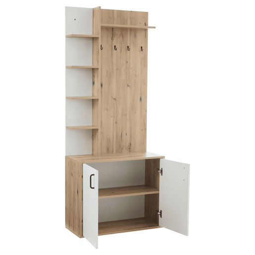Cabideiro 75x33x180 cm - Com armário, arrumação para sapatos, com cabides, 5 compartimentos de arrumação, cor madeira original + branco