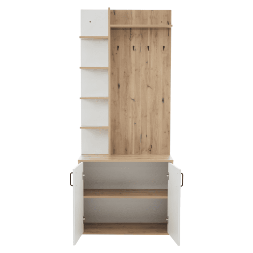 Cabideiro 75x33x180 cm - Com armário, arrumação para sapatos, com cabides, 5 compartimentos de arrumação, cor madeira original + branco