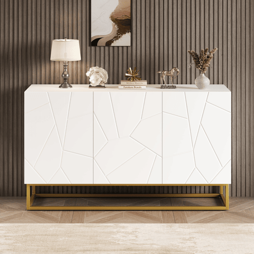 Aparador 130 cm - Moderno, com 4 compartimentos, acabamento brilhante - Branco+Dourado Aparador 130 cm - Moderno, com 4 compartimentos, acabamento brilhante - Branco+Dourado
