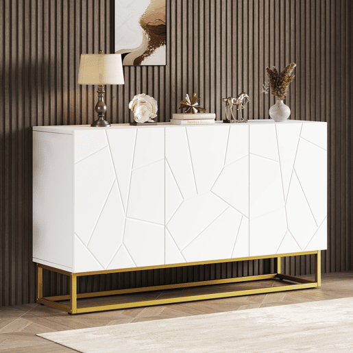 Aparador 130 cm - Moderno, com 4 compartimentos, acabamento brilhante - Branco+Dourado Aparador 130 cm - Moderno, com 4 compartimentos, acabamento brilhante - Branco+Dourado