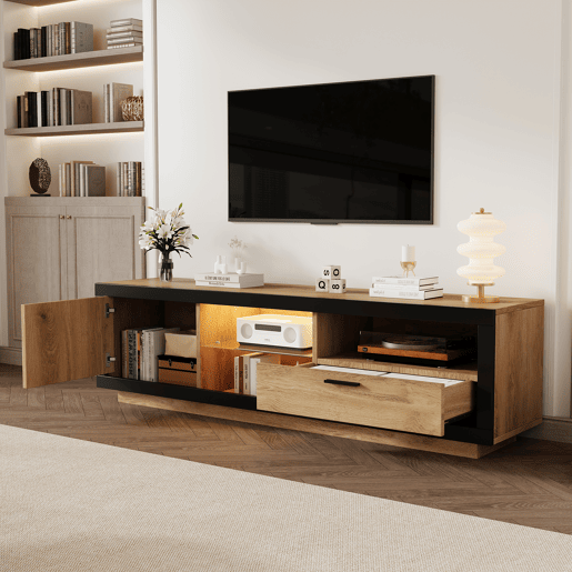 Móvel para TV LED 706555 - Centro de entretenimento moderno com prateleiras de vidro - Preto + Carvalho Móvel para TV LED 706555 - Centro de entretenimento moderno com prateleiras de vidro - Preto + Carvalho